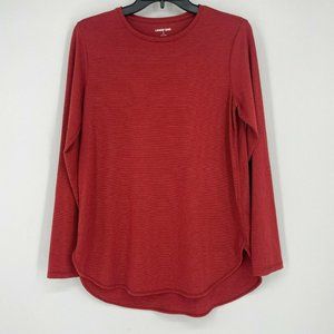 Lands' End Shirt Women S Round Neck Long Sleeves Striped Stretch Side Vents Red